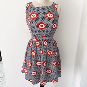 Pinky Retro Floral Cut Out Dress, Size Small, Navy, White, Red